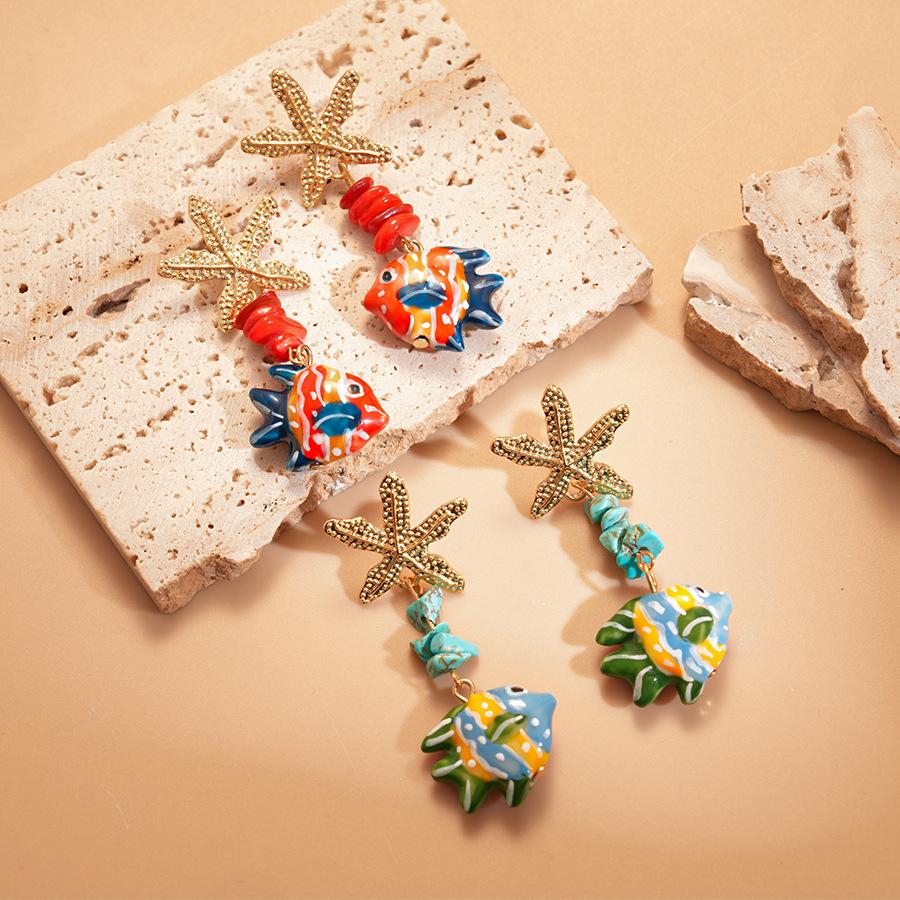 Colorful Ceramic Fish Drop Earrings for Women Starfish Stone Beaded Cartoon Beach Style Summer Jewelry Accessories