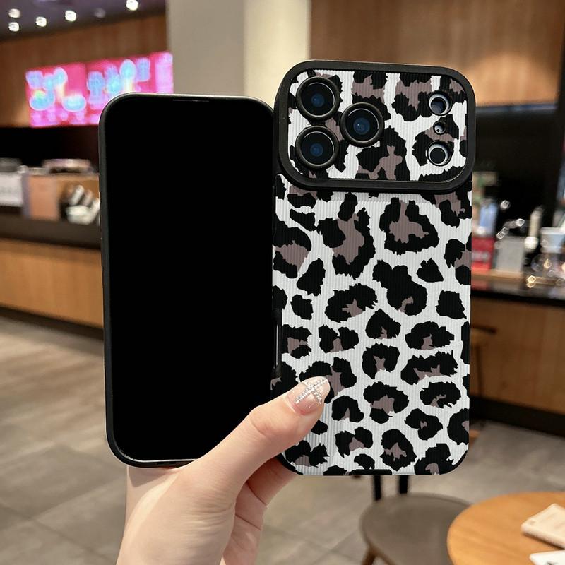 Fashion Leopard Printed Vertical Grain Leather Soft Silicone Phone Case Back Cover with Camera Lens Full Protection for iPhone 17
