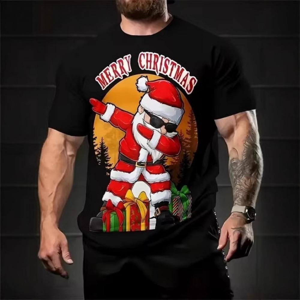 Santa Claus Pattern 3D Digital Print Men's Casual and Fashionable Round Neck Short Sleeved T-shirt