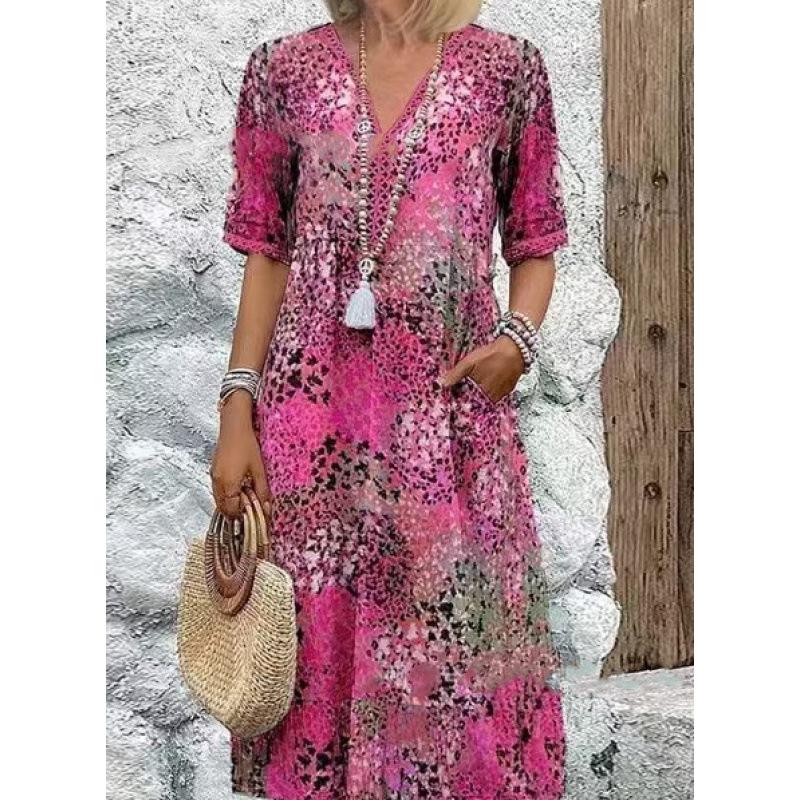 Women's Fashion Print with Lace V-neck Short-sleeved Dress