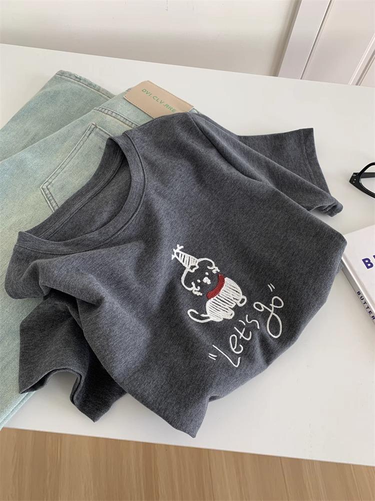 

Серая женская повседневная футболка свободного кроя с коротким рукавом и вышивкой щенка, коллекция весна 2025 XXL