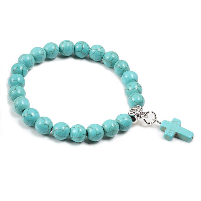 Turquoise Lava Stone Cross Pendant Bracelet with Elastic Cord