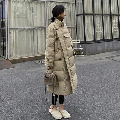 Casacos à prova de vento com gola alta, inverno, feminino, botões, bolsos grandes, parka longa, espessada, quente, jaqueta de algodão, jaqueta coreana, acolchoada