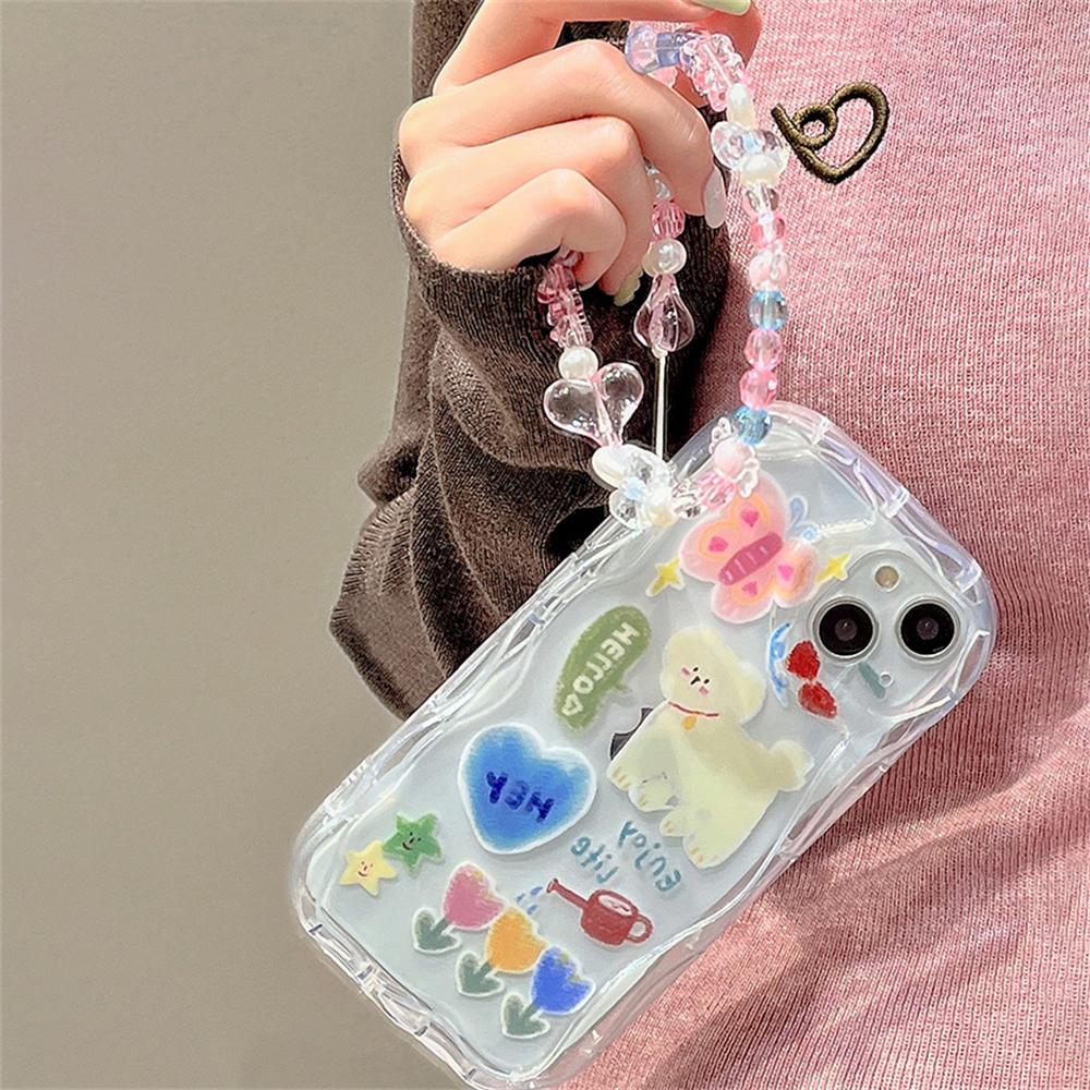 Korean Cute Graffiti Puppy Butterfly Love Heart Bracelet Phone Case For Iphone 14 13 12 11 Pro Max Clear Shockproof Soft Cover