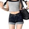 Dark Blue High-Waisted Cuffed Denim Shorts - Slimming, Super Short, Elastic Fit