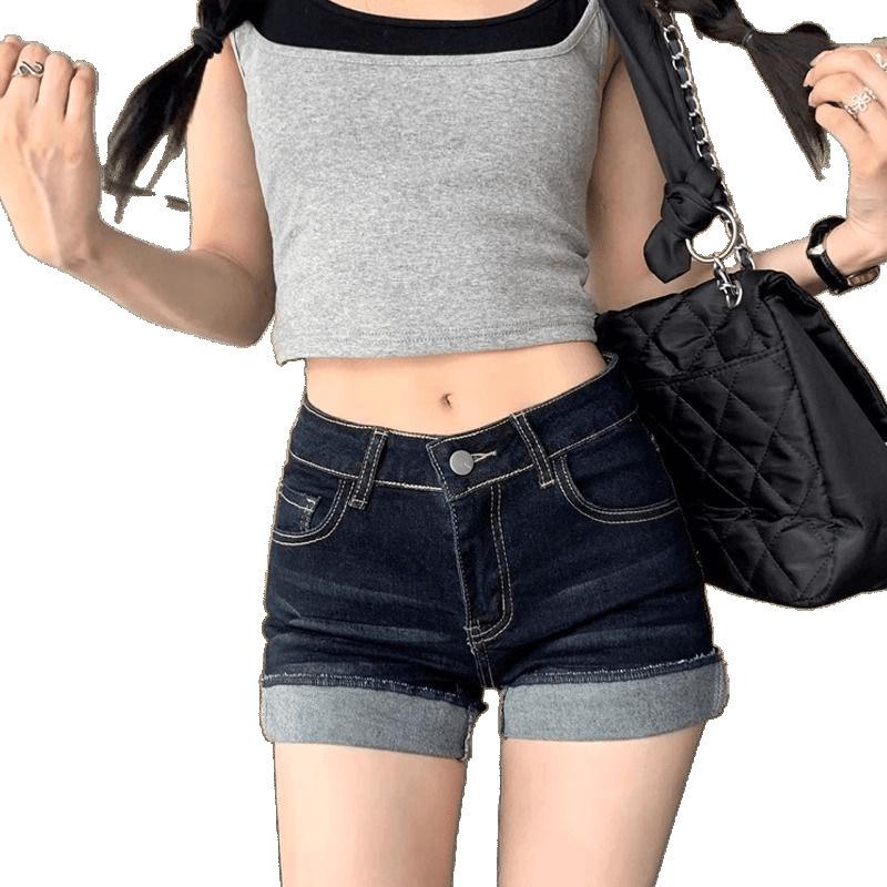 Dark Blue High-Waisted Cuffed Denim Shorts - Slimming, Super Short, Elastic Fit