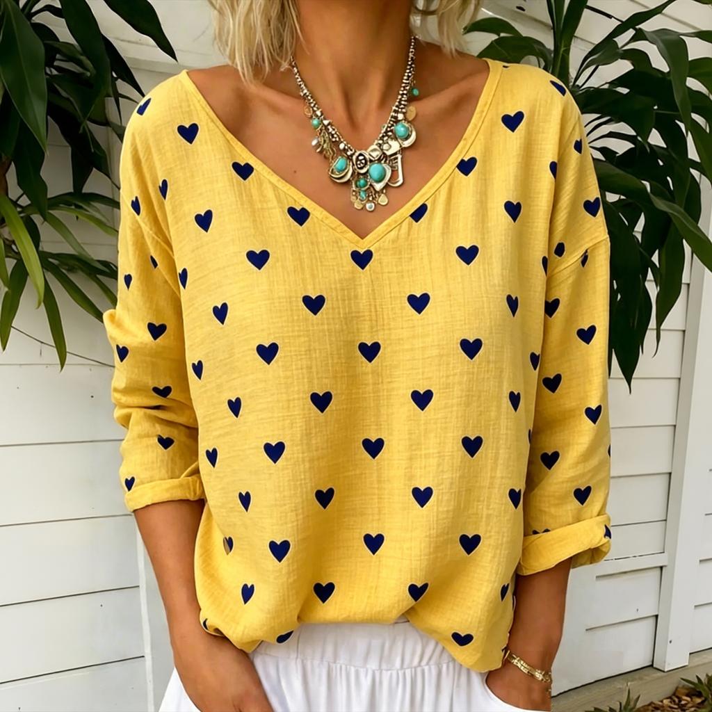 Women's Casual Loose Fit Long Sleeve V Neck Top Heart Print Cotton Linen Blouse Lightweight Breathable Comfortable Fabric