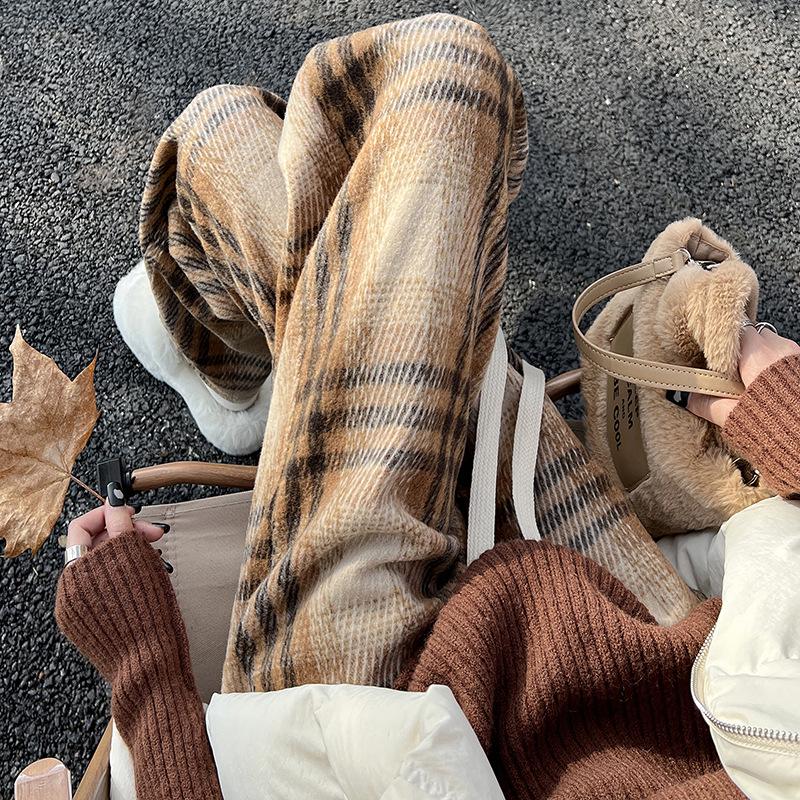 

Women s Classic High-Waist Wool Plaid Pants - Autumn/Winter, Plush, Straight-Leg, Retro, Casual Style Large