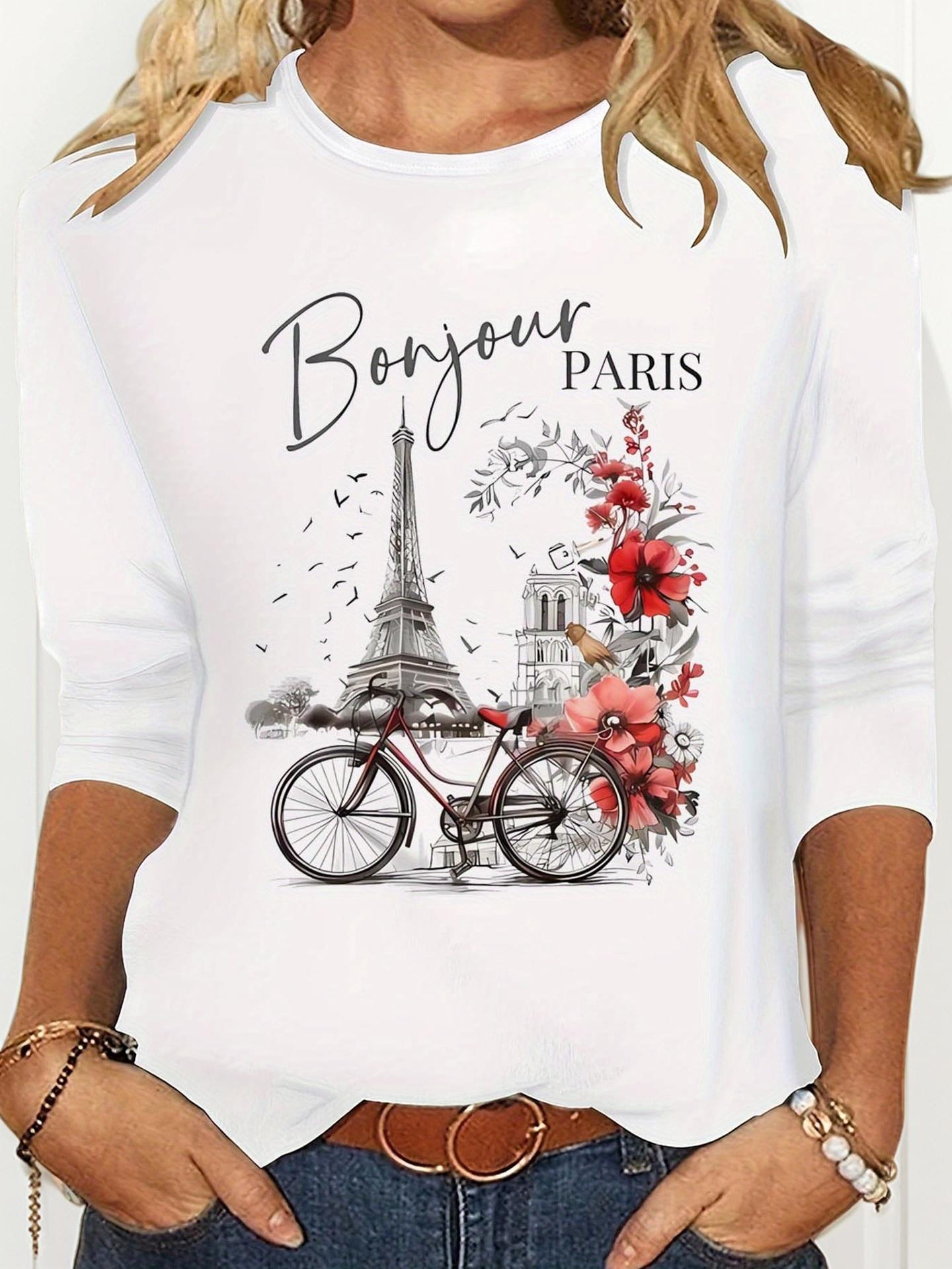 Bonjour Paris Eiffel Tower Bicycle Floral Print T-shirt L