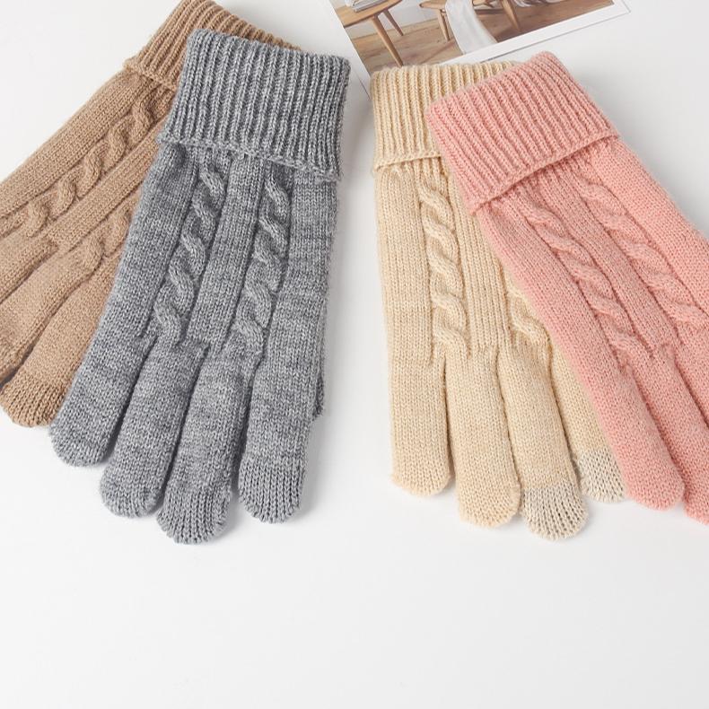 Gestrickte Handschuhe für Damen Herbst und Winter Warme und Kältebeständige Handschuhe Outdoor Einfarbige Wollhandschuhe Touchscreen-Handschuhe