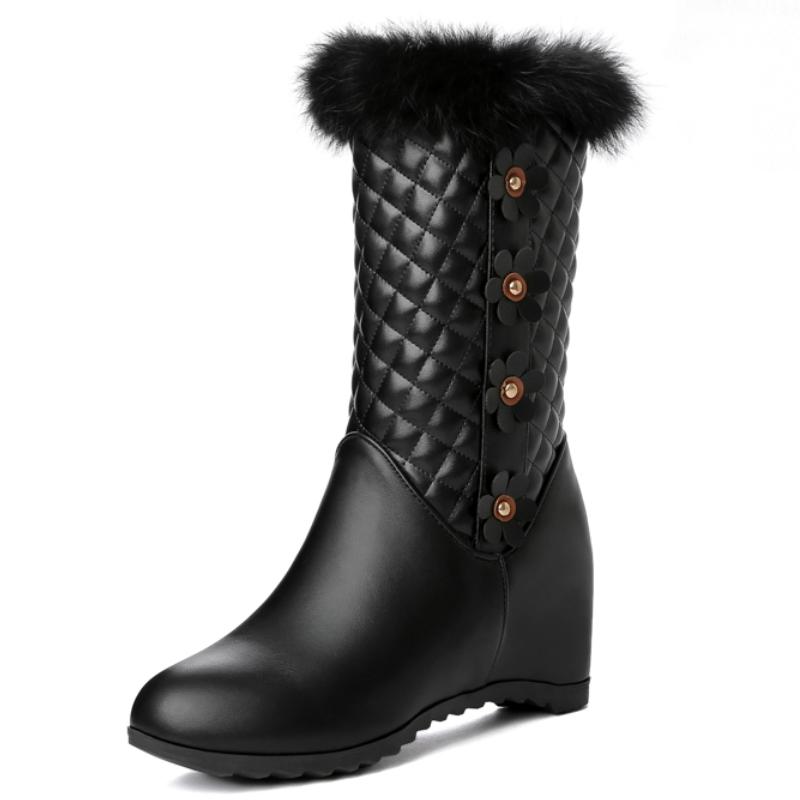 White Women's Winter Fur Snow Boots Black Mid-calf Boot Female Wedge Heels Decoration Footwear Shoe Mother Large Size Waterproof