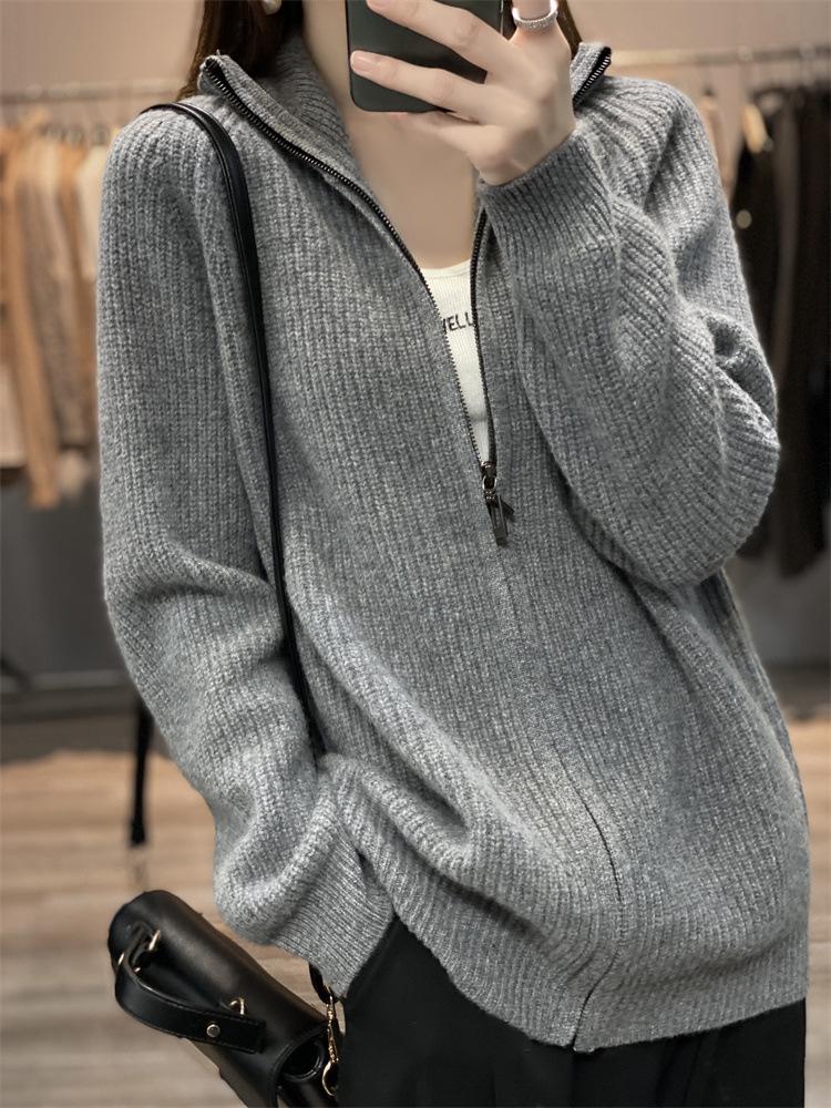 Women's Thick High Neck Zipper Cardigan - Loose Fit, Solid Color Long Sleeve Knit Sweater Coat