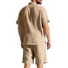 Summer Linen Suit Men's Striped Jacquard Loose Short Sleeve Shirt Beach Shorts Two-piece Set