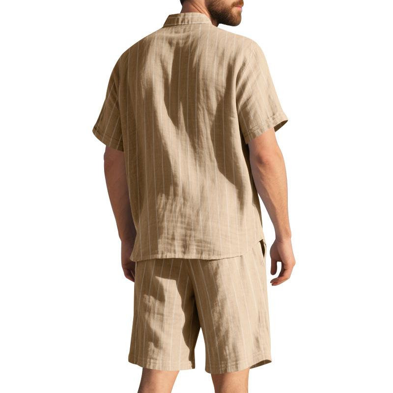 Summer Linen Suit Men's Striped Jacquard Loose Short Sleeve Shirt Beach Shorts Two-piece Set