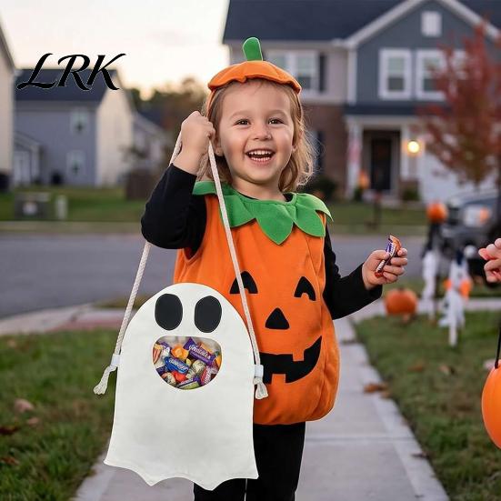 Classic Halloween Trick Or Treat Bag or Candy for Kids, Cute Ghost with Handle, Oxford Cloth Snack Holder Party Favors Kids Goodie Bags