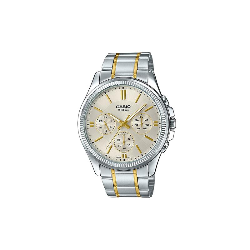 

Casio STANDARD series waterproof casual style trendy business three dials and six eyes quartz movement Japanese and Korean watches MTP-1375SG-9AVDF золотий