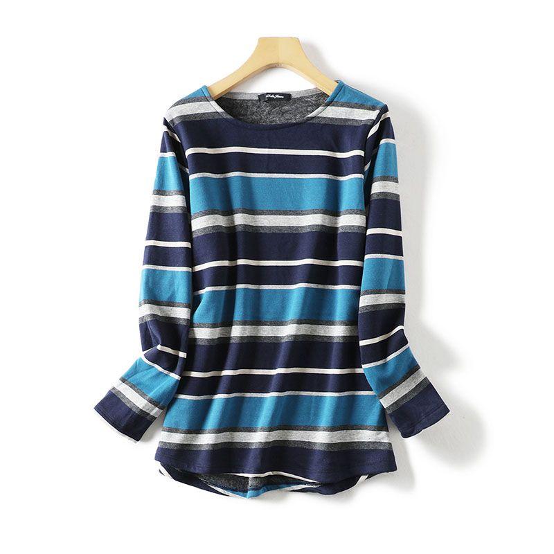 

Зимний пуловер с круглым вырезом в цветную полоску, с бархатной подкладкой, утолщенный, с длинным рукавом, базовая футболка, средней длины, женская, повседневная, круглый маятник