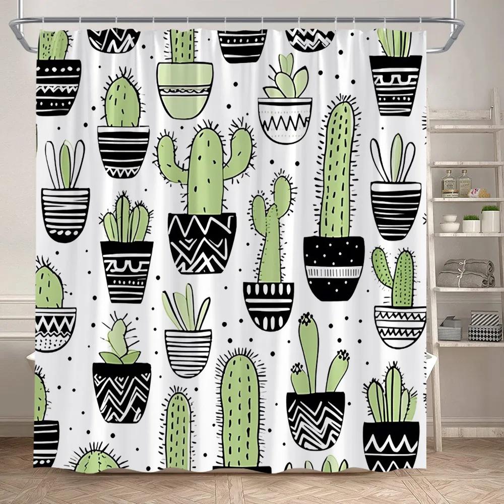 Green Plant Shower Curtains Watercolour Vine Leaves Butterfly Potted Plants Modern Polyester Fabric Home Bathroom Curtain Decor