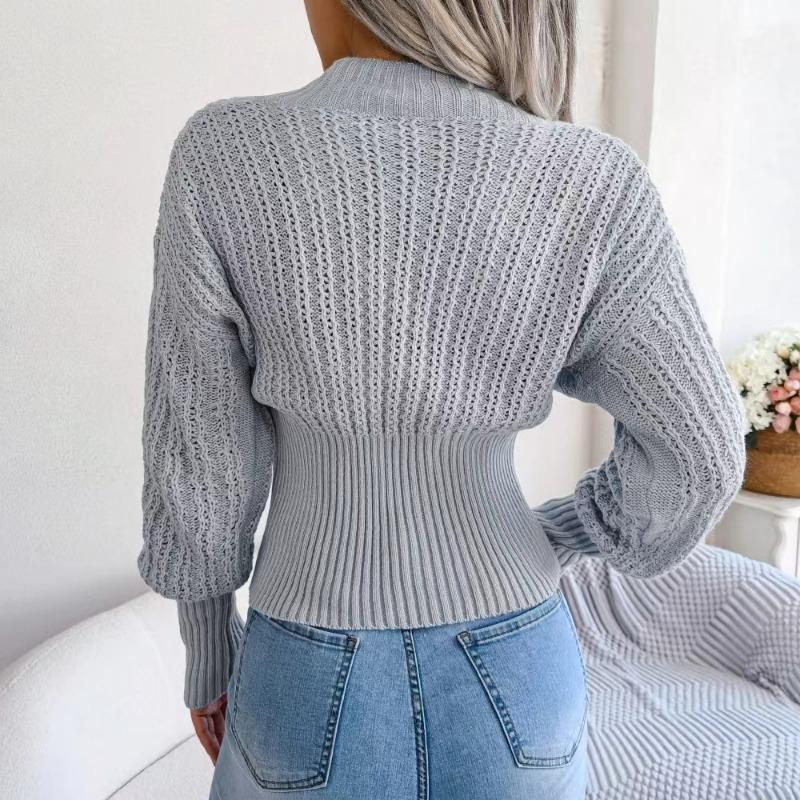 Autumn and Winter V-neck Pullover Sweater Hollow Fashion Elegant Knitted Slim Fit Solid Color Long Sleeve Tops Sexy New Short Top Women's Clothing