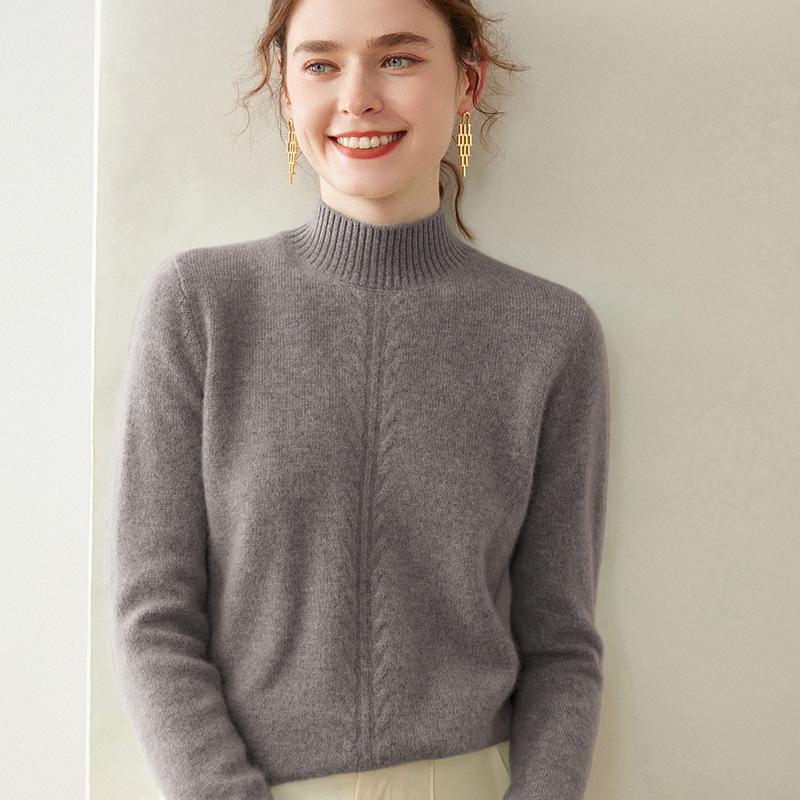 Women's High Neck Cashmere Sweater - Thick Knit Solid Color Jacquard Pullover for Autumn and Winter