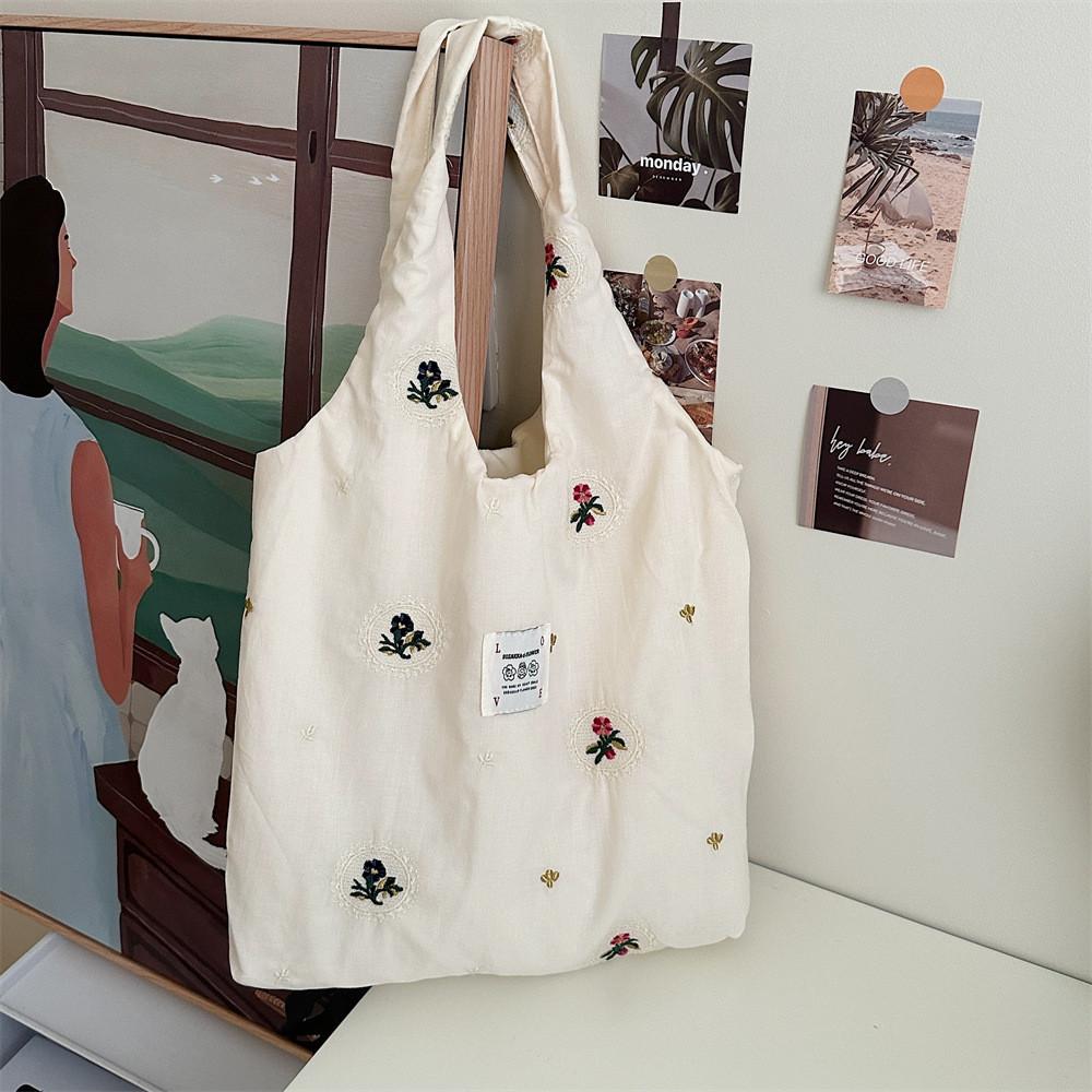 Adorable Floral Canvas Tote Bag For College Students Cute Handheld Shoulder Bag Spacious