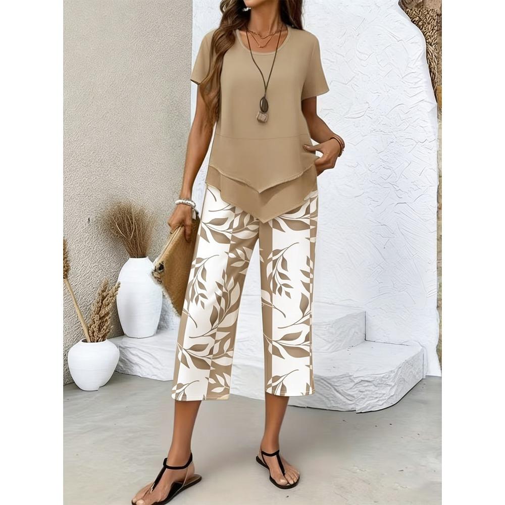Women Summer Fashion Two Piece Set, Stylish Slimming Short Sleeve Top, High Waist Wide Leg Pants, Elegant Casual Matching Outfit