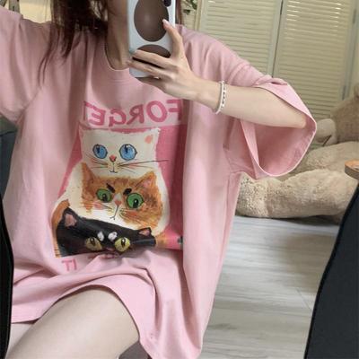 Women's Pink Cat Print Short-Sleeve T-Shirt - New Summer Design, Mid-Length for Female Students, Perfect As a Class Uniform Top.