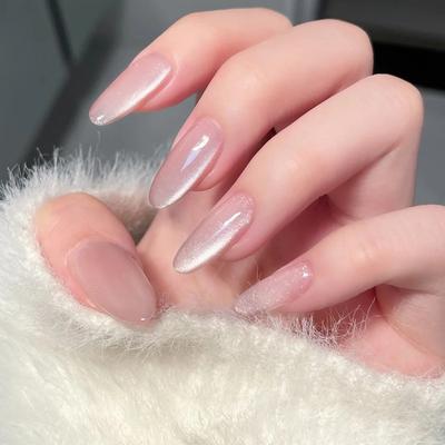 Summer Gentle and Simple Pink Cat's Eye Medium and Long Almond Nail European and American Ins Style Removable Nail Art Pieces 30 Pieces