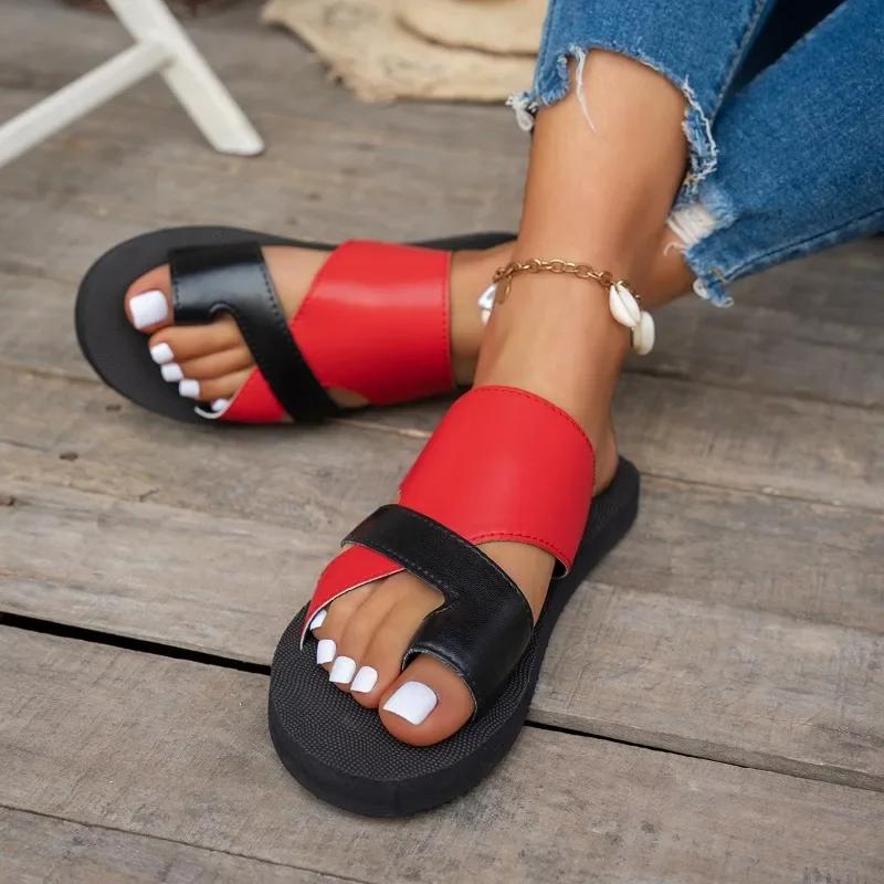 Fashion Slippers Women 2025 Summer Open Toe Woman Shoes Outdoor Casual Flat Slippers Mixed Color Round Toe Flats with Plus Size Sandals