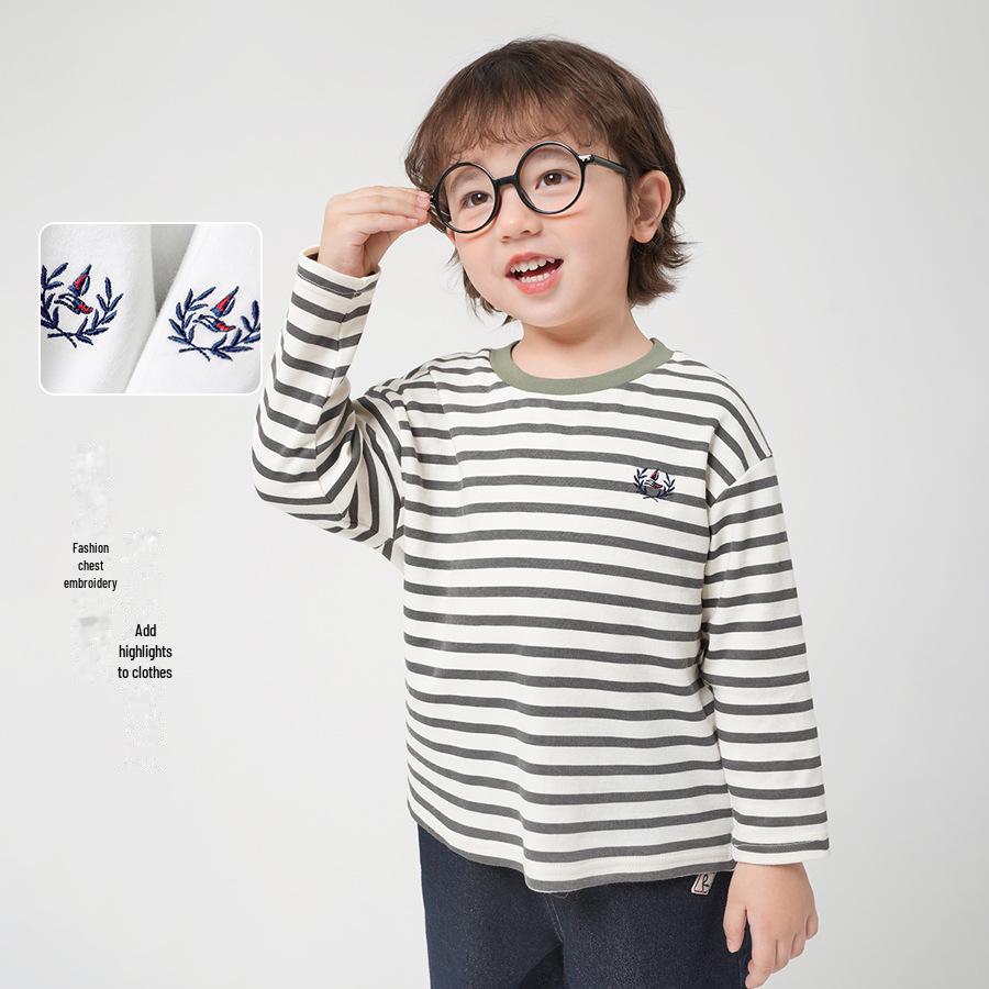 Boys' Striped Long-Sleeve Antibacterial Cotton T-Shirt