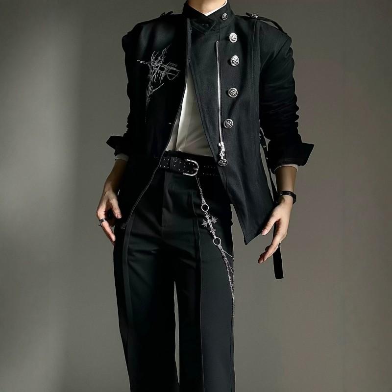 Dark Yamamoto Style Printed Jacket Retro Court Belt Buckle Casual Coat Teens Loose Fit