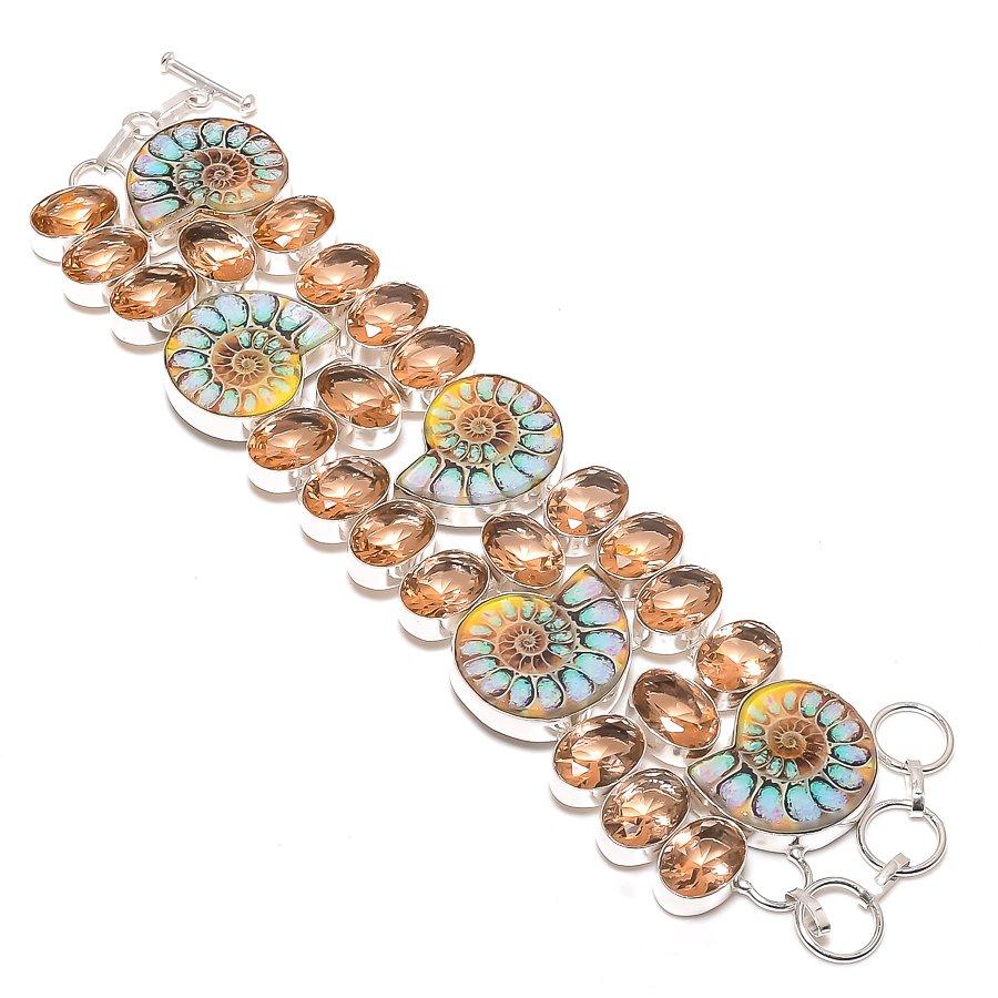 

Ammonite Fossil, Morganite Gemstone 925 Sterling Silver Bracelet 7-8 q6m09
