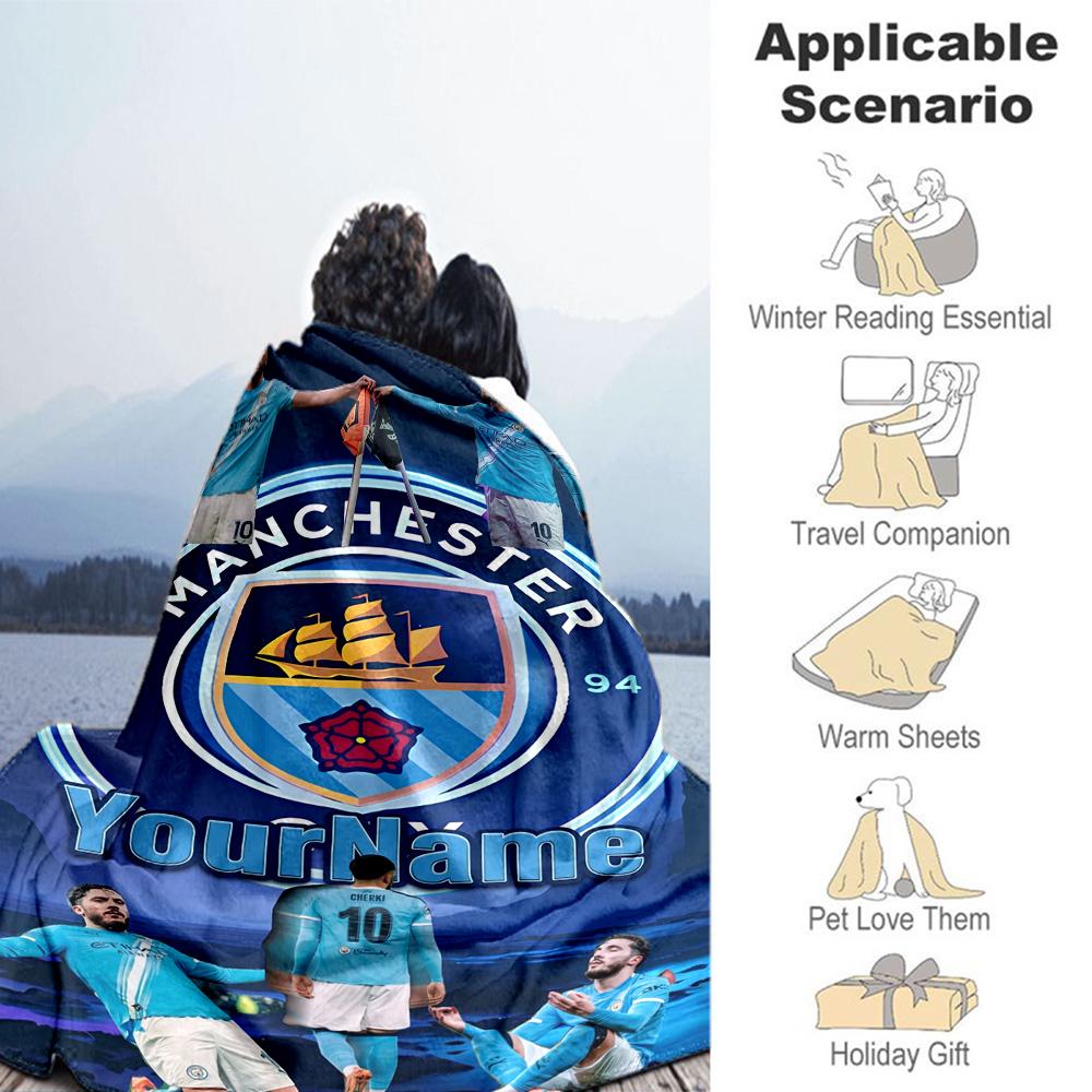 Manchester City Personalized Name Blanket Lightweight Personalized Blanket Durable Comfort Versatile for Nap Chair Living Room Office All-Season Use
