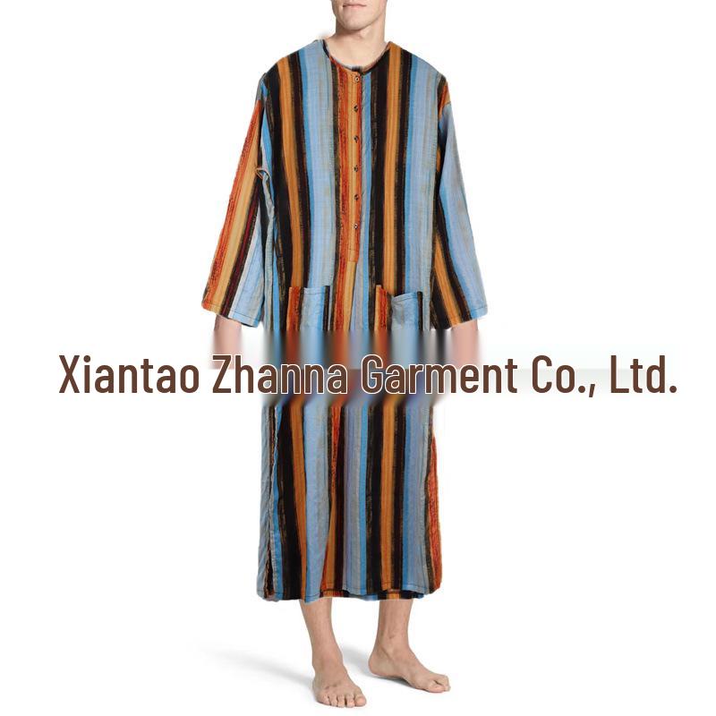 Men's Striped Muslim Long Robe Jumpsuit Tang Suit with Stand-up Collar