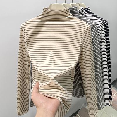 Fashion Women's T-Shirts Casual Korean Version Half High Neck Top Thin Striped Long Sleeved T-shirt Women's Tops