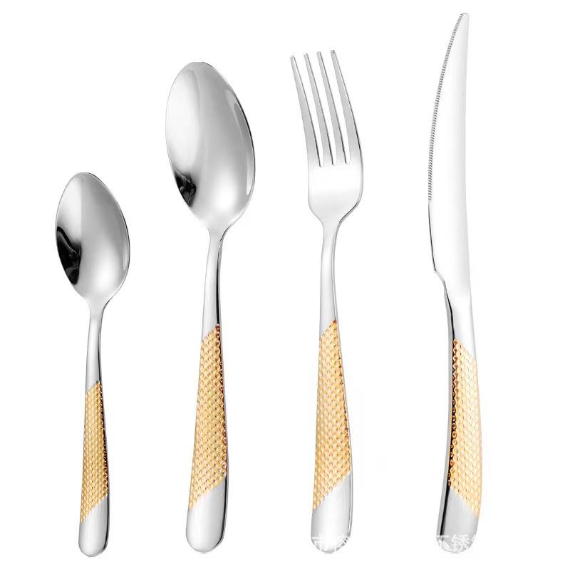 304 Stainless Steel Gold-Handled Western Cutlery: Knife, Fork, and Spoon Set for Home or Restaurant.