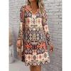DAFIFY Women's Fashion Spring Fall Colour Block Print Long Sleeve V-Neck Loose Waistline Casual Dresses