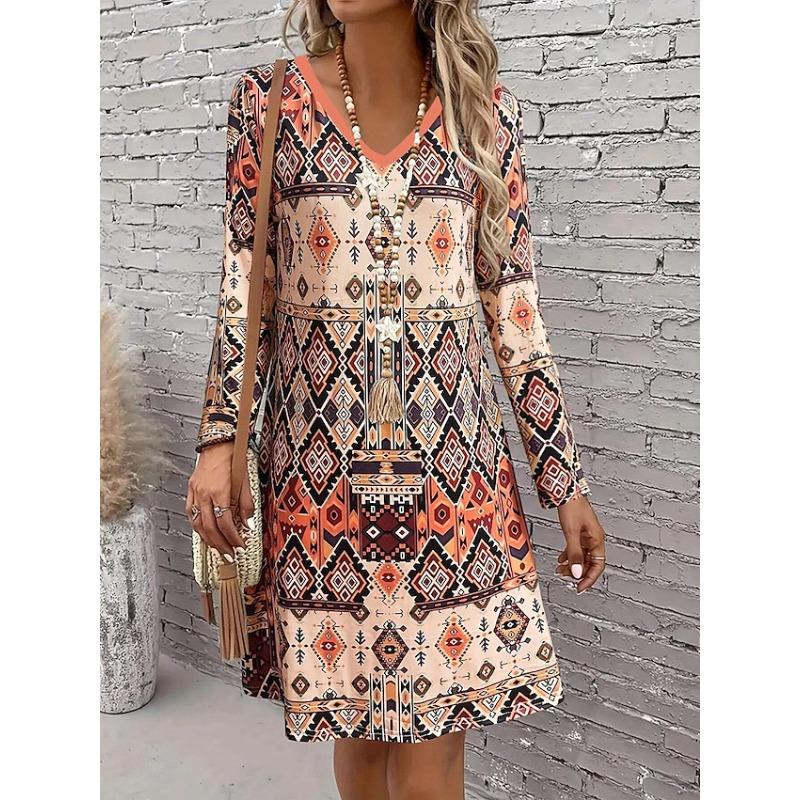 DAFIFY Women's Fashion Spring Fall Colour Block Print Long Sleeve V-Neck Loose Waistline Casual Dresses