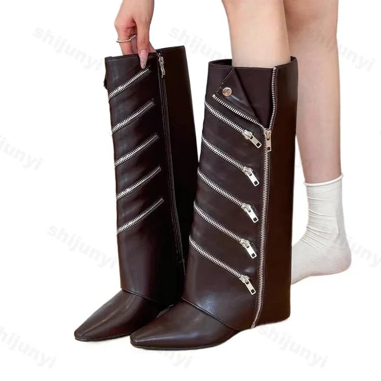 Designer Zipper Knee High Boots Women New 2024 Fashion Pointed Toe High Tube Knight Long Boots Autumn Winter Women Trouser Boots