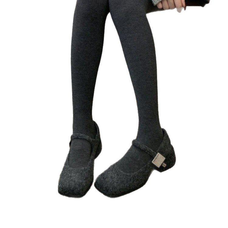 Shoes Coarse Heel Single Shoes Women's Fleece French Temperament Mary Jane Woolen Square Head Grandma Shoes High Heel Winter Fluffy