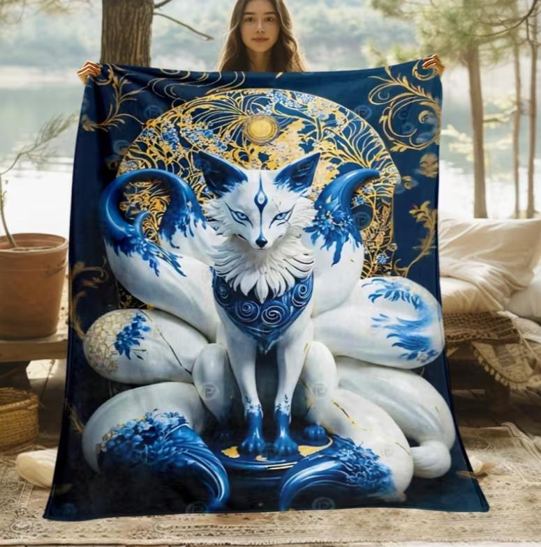 1pc Nine-Tailed Fox Flannel BlanketSoftWarmLightweightUsed for Sofa, Bedroom, Living Room, Bed Couch ChairAdult Gifts for Family