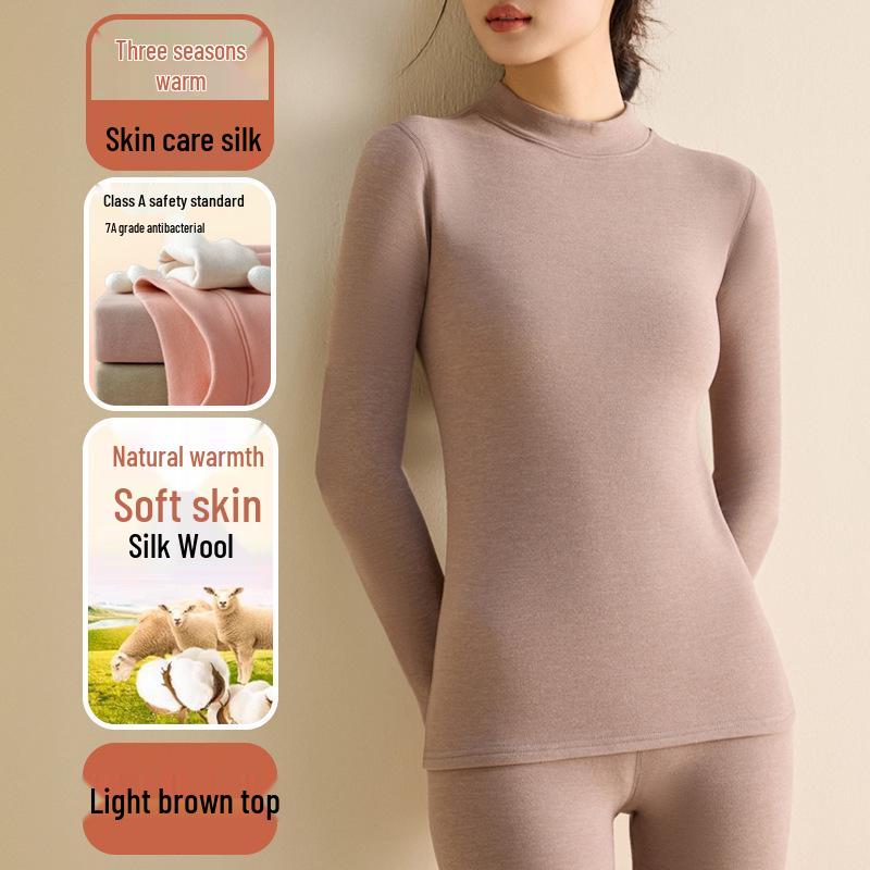 Women's Wool Silk Thermal Set: Warm Stand Collar Top & Trousers - Heat-Generating, Skin-Friendly Base Layer for Autumn/Winter.