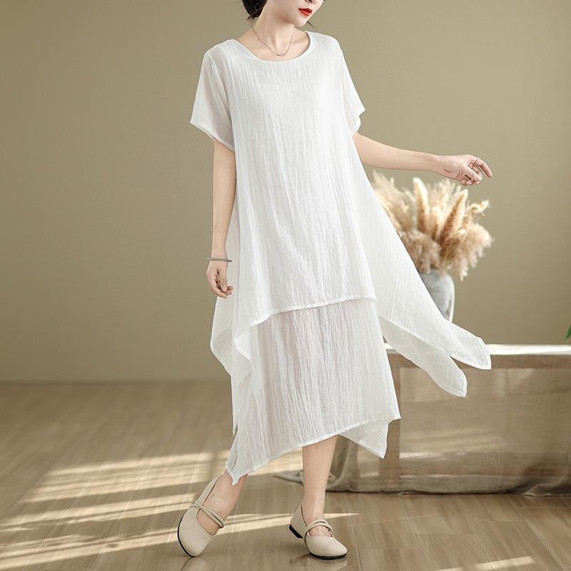 

Хлопково-льняное платье с коротким рукавом 2025 лето новое веер однотонный большой клеш юбка большого размера двухслойная юбка M белый