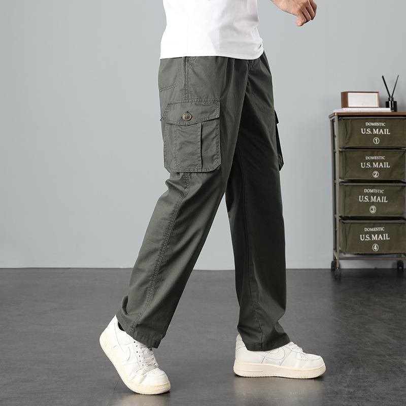 Pure cotton long pants men's thin large size loose casual pants trendy wear-resistant versatile straight-leg pants overalls
