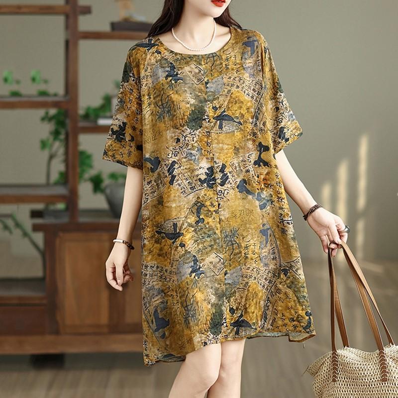 Short sleeve Plus size Cotton vintage floral new in dresses for women casual loose mini summer dress