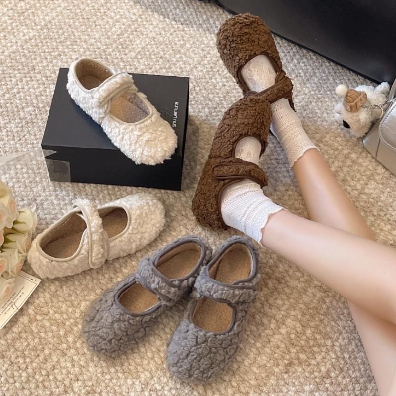 Fashion Autumn Woolen Fur Women Warm Cotton Flats Shoes Concise Outdoor Soft Sole Shoes Ladies Comfort Mary Jane Shoes