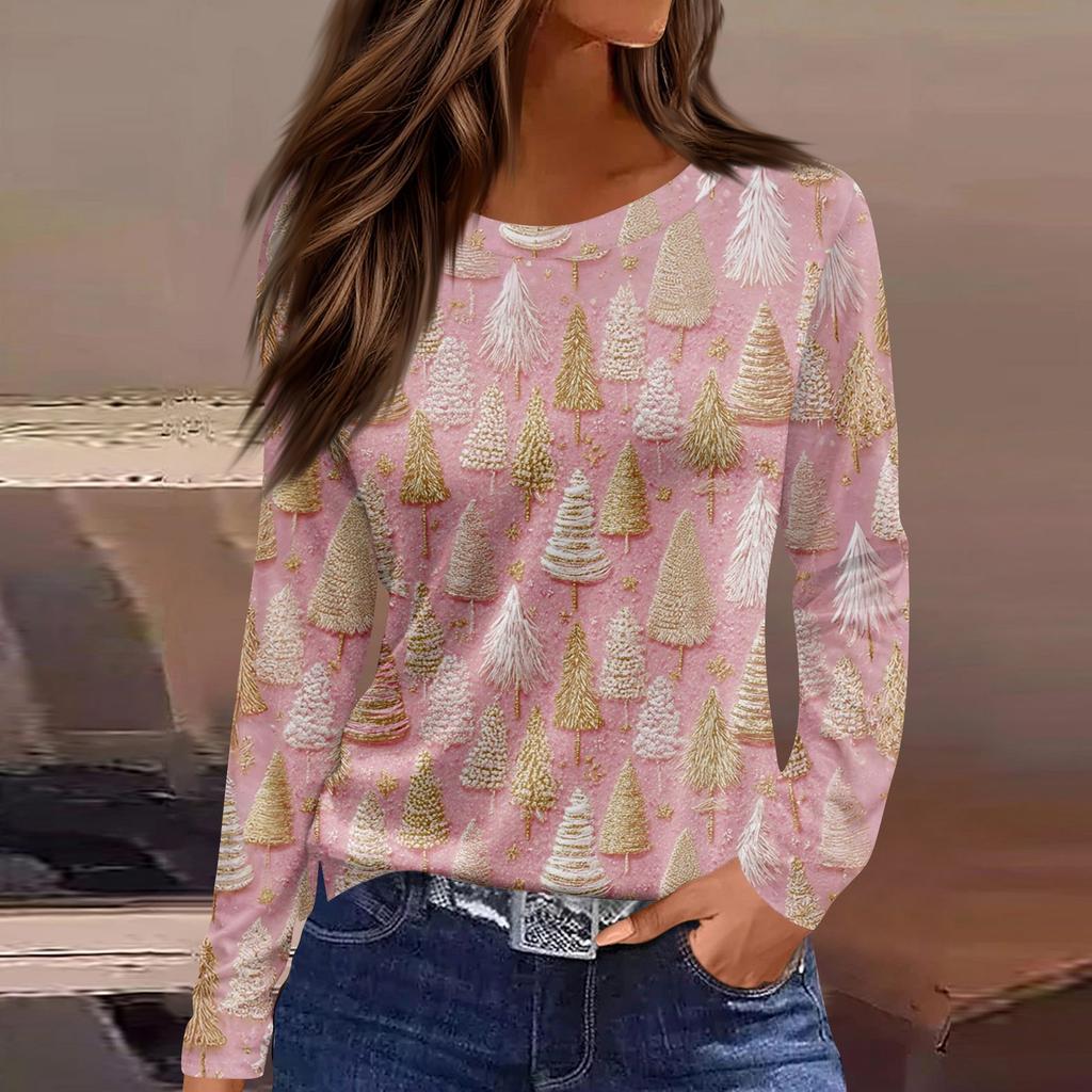 Christmas Style Women's 3D Christmas Tree Print Pullover Round Neck Long-sleeved T-shirt Festive Color Casual Top