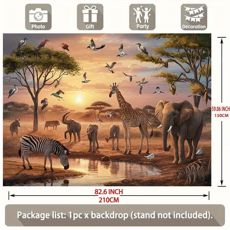Realistic Savanna Party Backdrop African Animals and Acacia Trees Background Banner