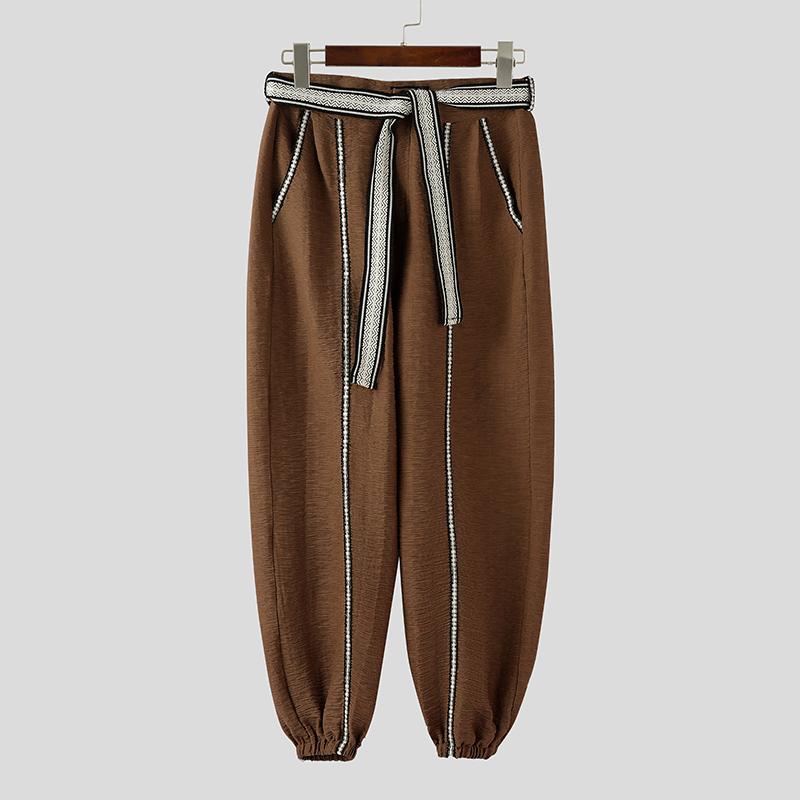 

INCERUN Autumn Spring Men Casual Zip-up Waist Stitching Belt Texture Long Harem Pants Trousers 5XL коричневый