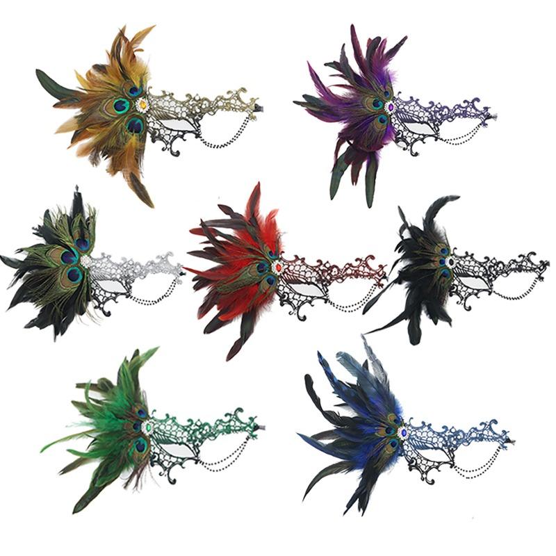 Velcro Peacock Feather Lace One-eyed Bronzing Chain, Halloween Party Mask
